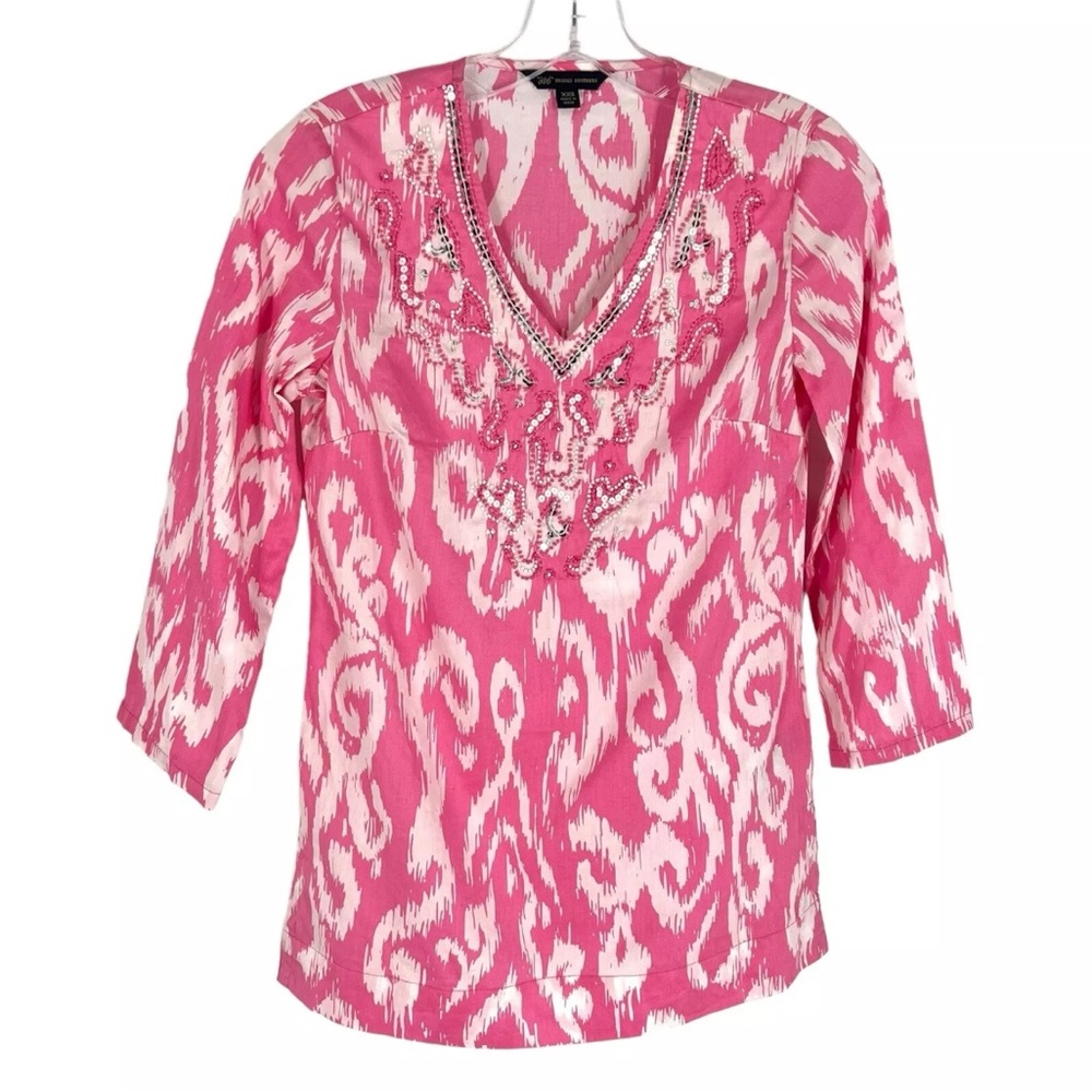 Brooks Brothers Tunic Blouse Womens Size XXS Pink Ikat Beaded Sequin Lightweight